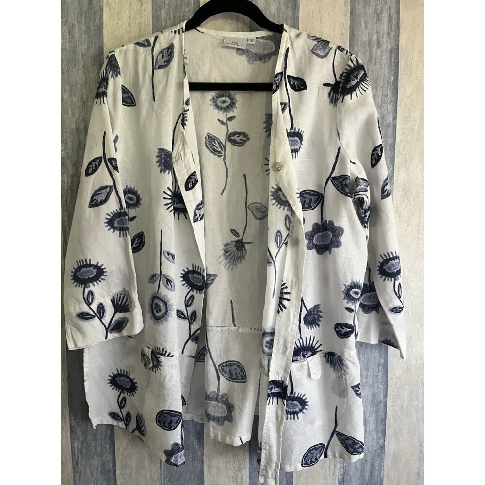 Hot Cotton Linen Tunic Shirt Blouse Pearl Button Down White And Blue Flowers L